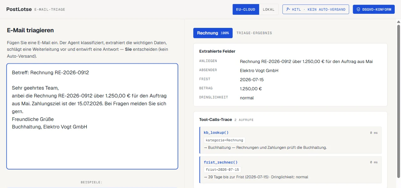 PostLotse-Workbench: eine Rechnungs-E-Mail triagiert — Klassifikation, extrahierte Felder, Tool-Calls-Trace und Routing-Vorschlag.