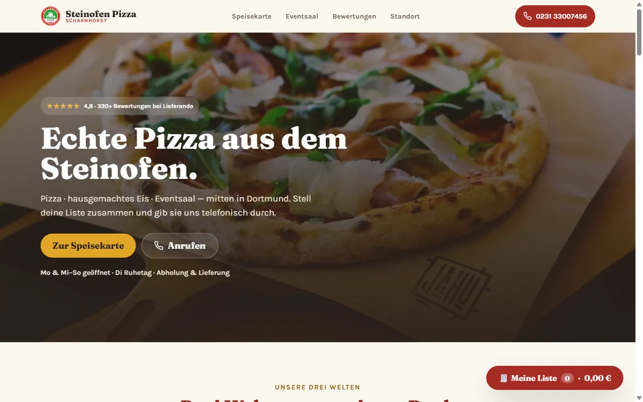 Home page of Steinofen Pizza Scharnhorst — live website